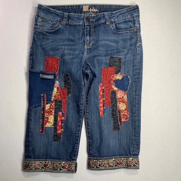 KUT Womens Jeans | Cropped Boho Upcycled | Hippie Festival | Burgundy Black | Si - Picture 3 of 12